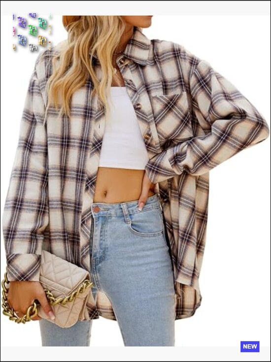 Tops - Oversized Button Down Flannel Shirt Business Casual Top with Pockets